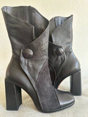 IXOS Black Leather Sculptural Block Heel Boots Size 36